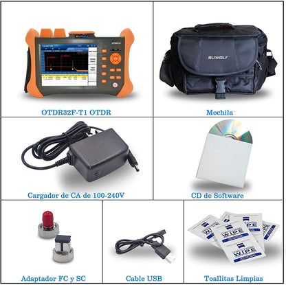 1310/1550nm 32/30dB OTDR 5,6 inch touchscreen reflectometer glasvezel 120 km (74,5 mi) testafstand glasvezel tester met visuele fout locator (VFL) (OTDR32F-T1-B)