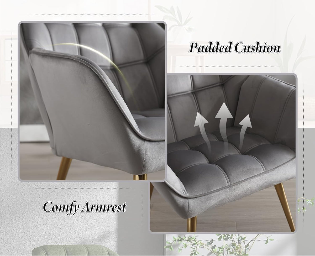 Fluwelen Fauteuil Set – Gestoffeerde Stoel – Kuipstoel – Accentstoel – Lounge Stoel – Compact Design – Metalen Poten – 2 Stuks Grijs