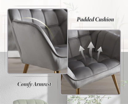 Fluwelen Fauteuil Set – Gestoffeerde Stoel – Kuipstoel – Accentstoel – Lounge Stoel – Compact Design – Metalen Poten – 2 Stuks Grijs