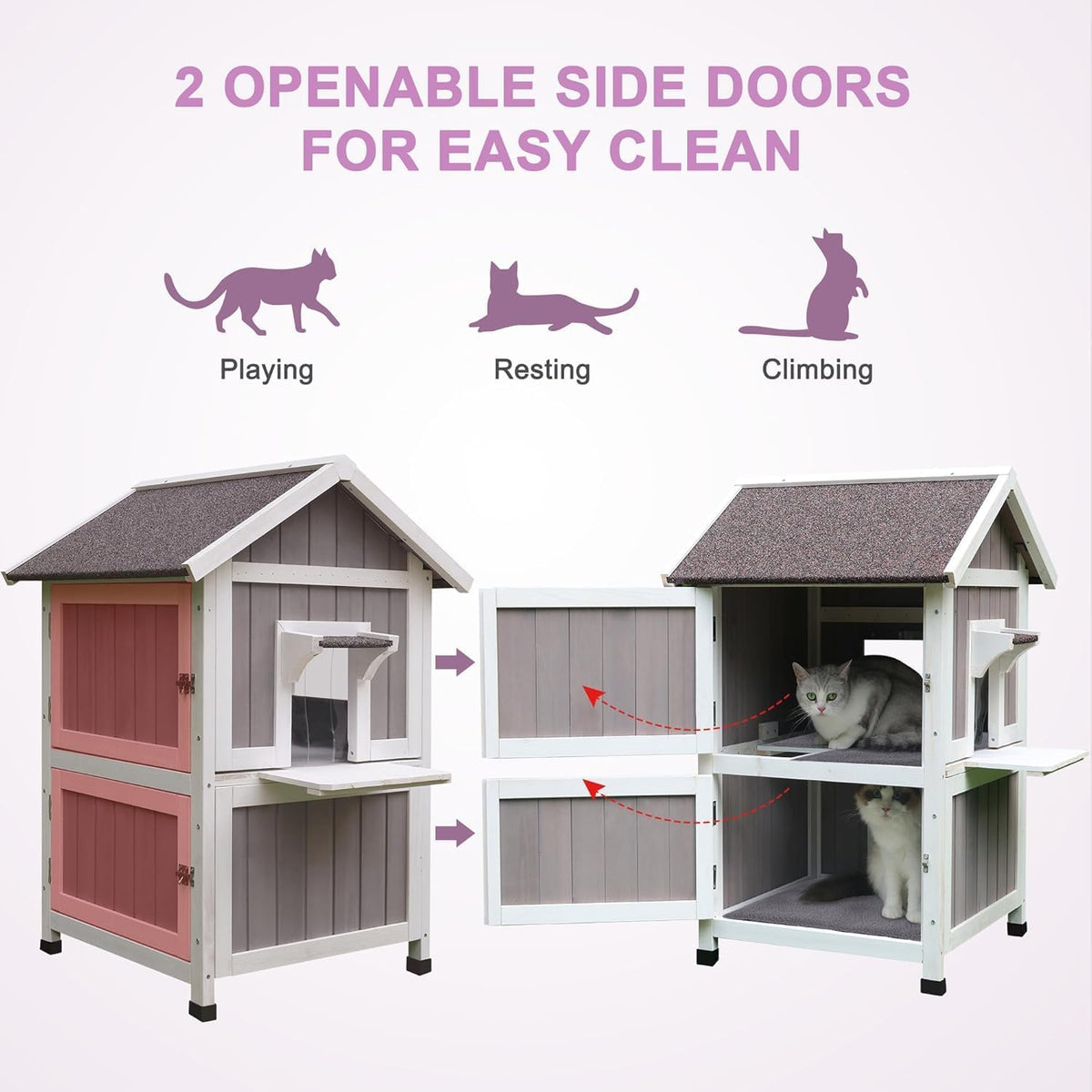 HiCaptain Weerbestendig kattenhuis voor buiten, 2 verdiepingen tellend wild kattenhuis met balkon en vluchtdeur, buiten houten schuilplaats voor kleine dieren, grijs