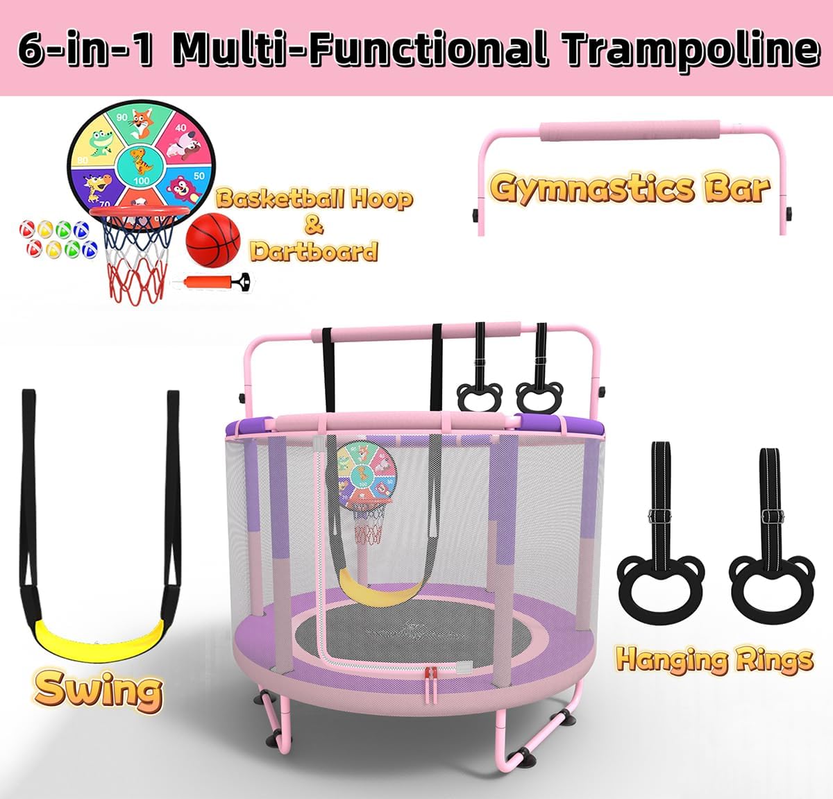 Children's Trampoline, Children's Trampoline for Outdoor, Indoor and Outdoor Use Available Trampoline with Safety Net, Basket, Rod, Swing, Gift for Children - QUORE