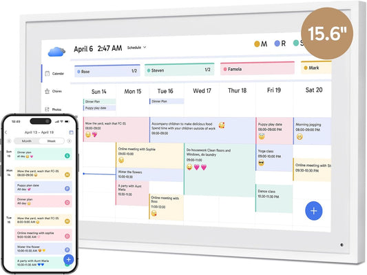 Dragon Touch 15,6 inch digitale kalender, wand, 1920 x 1080 FHD, elektronische wandkalender, familieplanner met 32 GB geheugen en wandhouder, touchscreen, intelligente tafelkalender, wit