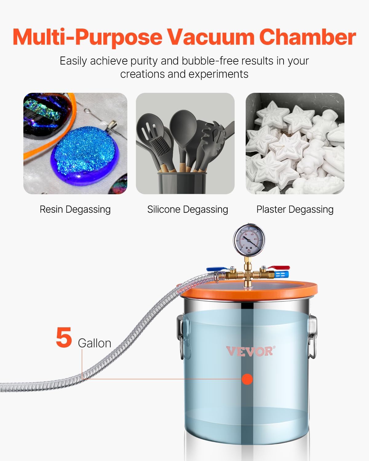 VEVOR 5 gallon vacuum chamber and 3.5 CFM pump kit, stainless steel chamber, single stage vacuum pump degassing chamber kit, with acrylic lid, oil, 1.5m hose, for degassing resin silicone epoxies