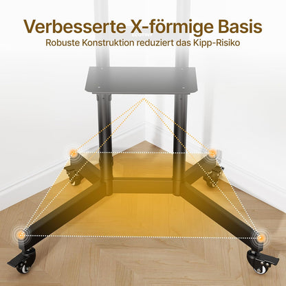 In hoogte verstelbare mobiele tv-standaard oprolbaar voor 32-86 inch televisie, tot 90 kg draagvermogen, helling +5°/-10°, veiligheidsvergrendeling, met wielen en plank, max. VESA 600x400mm