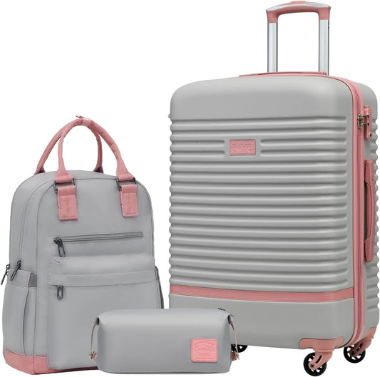 COOLIFE Koffer trolley koffer reiskoffer van ABS hard shell trolley 4 wielen TSA-slot De koffer bevat 1 reisrugzak en 1 toilettas, grijs/roze, Mittlerer Koffer-Set 3tlg, Klassiek