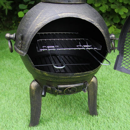 Gietijzeren Chiminea – Tuinhaard – Buitenhaard – Vuurton – Terrasverwarmer – Duurzaam Gietijzer – Inclusief BBQ Rek & Union Jack Bunting