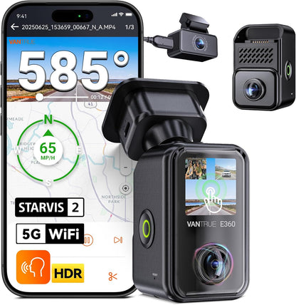 VANTRUE E360 Plus 3-kanaals 5.2K panorama+1440p dashcam met Dual STARVIS 2 HDR nachtzicht, 360° buffer parkeermodus dashcam, spraakgestuurde autocamera, APP, 1,54 inch touchscreen, max. 1TB