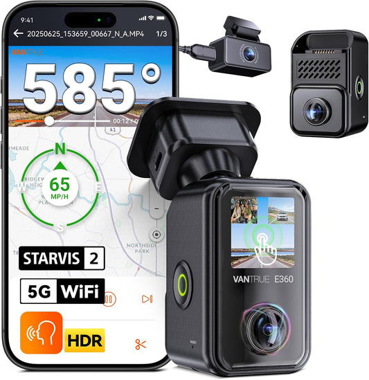 VANTRUE E360 Plus 3-kanaals 5.2K panorama+1440p dashcam met Dual STARVIS 2 HDR nachtzicht, 360° buffer parkeermodus dashcam, spraakgestuurde autocamera, APP, 1,54 inch touchscreen, max. 1TB