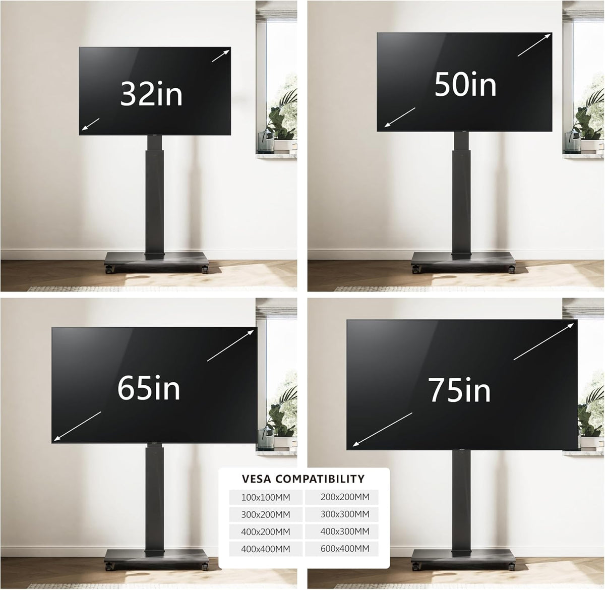 FITUEYES tv standaard verrijdbaar metalen onderstel voor 32-75 inch, mobiele tv-kar van landschap naar portret, Draaibaar & Hoogte verstelbaar tv-vloerstandaard Max. VESA 600x400mm Draagt 40 kg
