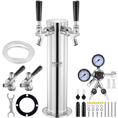 VEVOR Kegerator Tower Kit, dubbele kranen bierconversiekit, roestvrijstalen vaatje biertorendispenser met dubbele meter W21.8 regelaar en S-systeem vaatkoppeling voor feest thuis