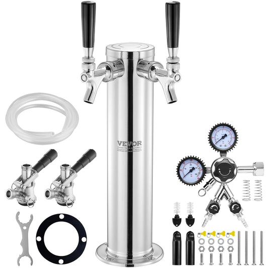 VEVOR Kegerator Tower Kit, dubbele kranen bierconversiekit, roestvrijstalen vaatje biertorendispenser met dubbele meter W21.8 regelaar en S-systeem vaatkoppeling voor feest thuis