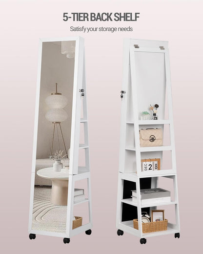 Hzuaneri JC35303BV1 6 LED Jewellery Cabinet, 159 cm High, Standing Jewellery Cabinet Organiser, Lockable in Full Length, Mirror with 4 Wheels, Large 5 Layer Jewellery Rack, White