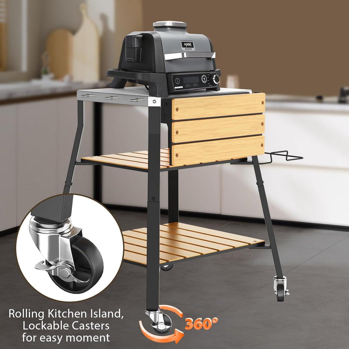 GFTIME Universele draagbare grillwagen, rollende roestvrijstalen grilltafel, keukeneiland multifunctionele wagen voor Solo Stove & Ninja Woodfire outdoor BBQ, grillstandaard met WPC-planken en 360°