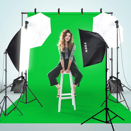 Complete Fotostudioset – Fotostudio Set – Softbox Set – Achtergrondsysteem – Studiolampen – 2,6 x 3 m Verstelbaar Aluminium Frame – 3 Katoenen Achtergronden Groen, Zwart En Wit