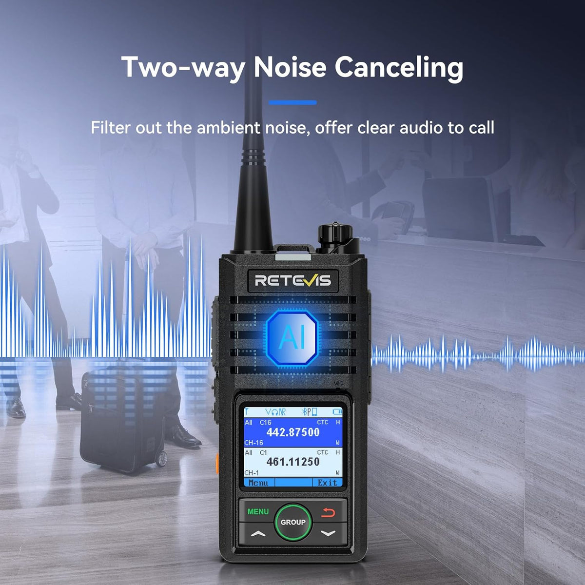 Retevis RB658 Walkie Talkie Bluetooth, APP-instelling, Groepsgesprek, 1800 mAh, USB C, IP54, Draadloze Kloon, Walkie Talkie met draadloze oortelefoon voor de detailhandel (4 Pack, Zwart)