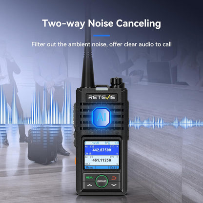 Retevis RB658 Walkie Talkie Bluetooth, APP-instelling, Groepsgesprek, 1800 mAh, USB C, IP54, Draadloze Kloon, Walkie Talkie met draadloze oortelefoon voor de detailhandel (4 Pack, Zwart)