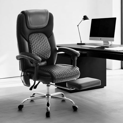 COLAMY Ergonomische managersstoel van leer met 6-punts massage en 3-traps verwarmingsfunctie, in hoogte verstelbaar, verstelbare rugleuning, uittrekbare voetensteun, kantoor en thuiskantoor, zwart