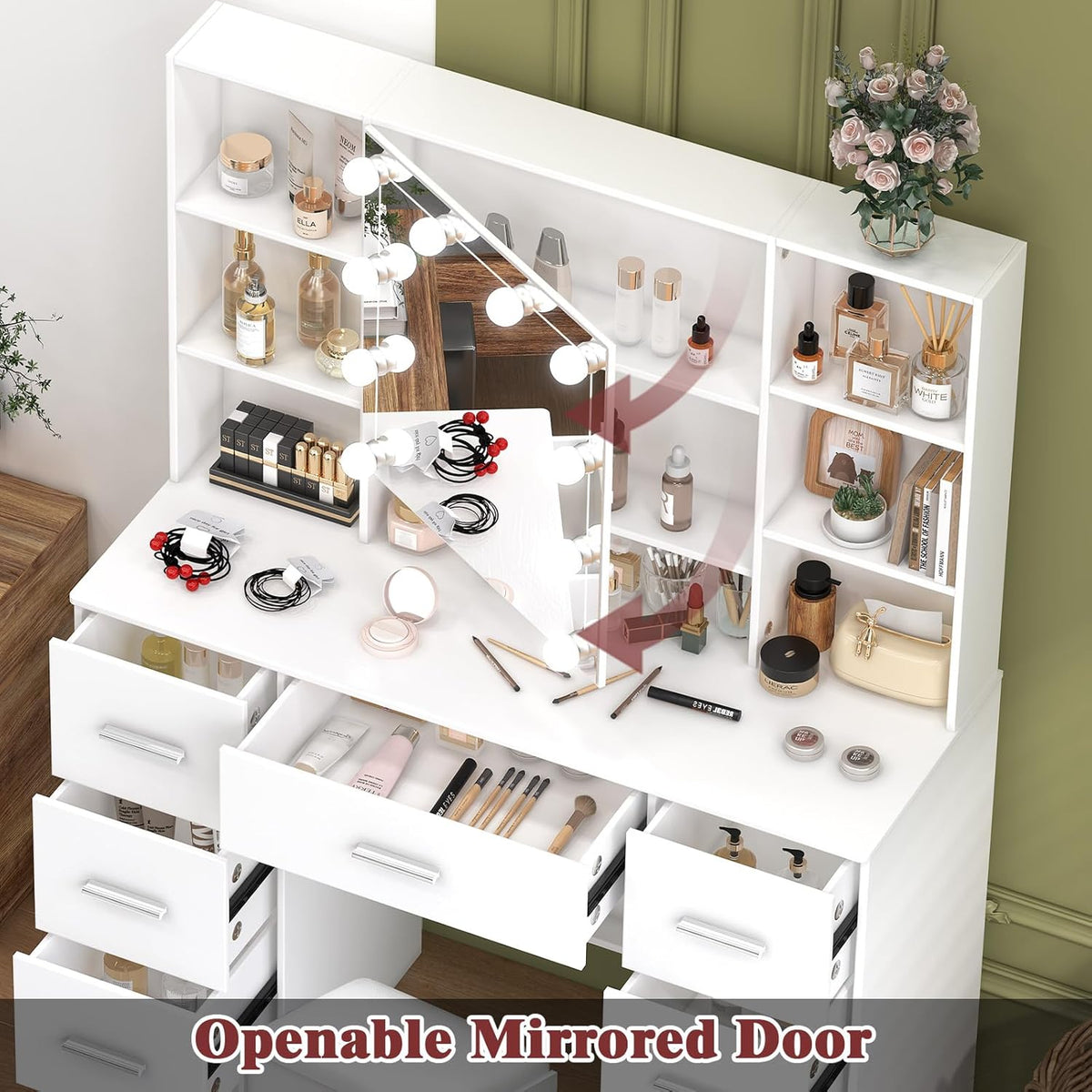 Large Dressing Table with Lights and Stool, 3 Colour Temperatures and Adjustable Brightness, Dressing Table with Mirror for Makeup, Makeup Table with 7 Drawers, Modern, White - QUORE