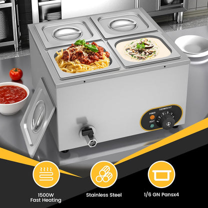 Elektrisch waterbad van roestvrij staal, voedselwarmer buffet, 4 x 1/6 met deksel, instelbare temperatuur 30 °C - 85 °C