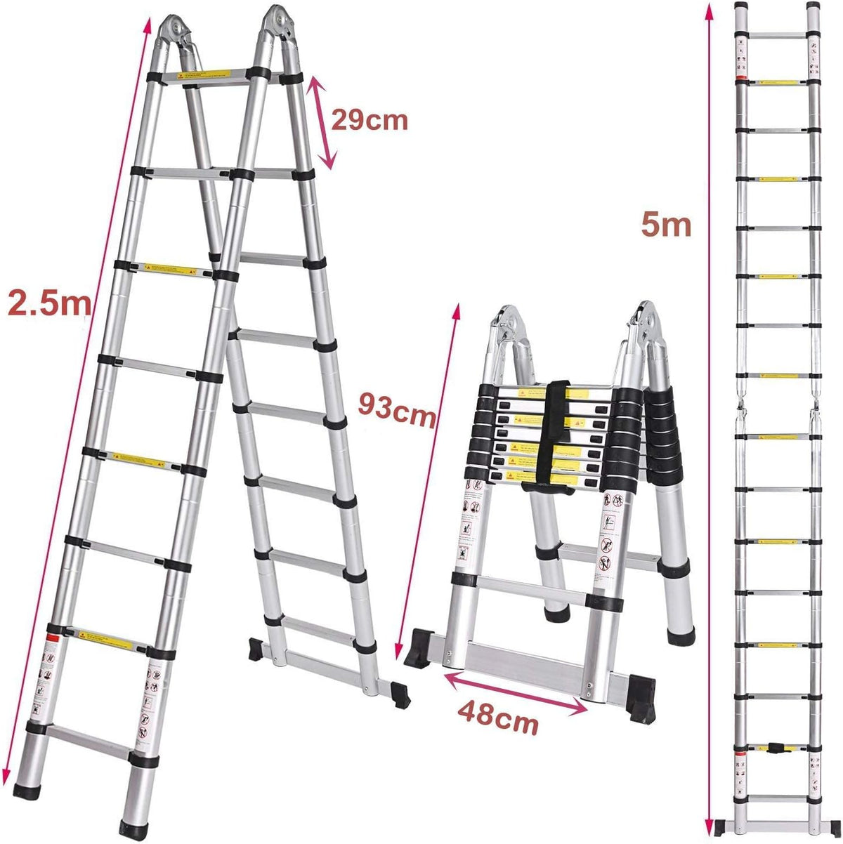 5 m vouwladder, aluminium, 2,5 m + 2,5 m, telescopische ladder, draagbaar, 16 antislip treden, belastbaar tot 150 kg
