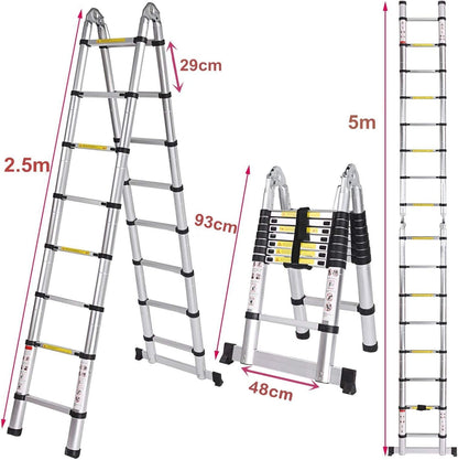 5 m vouwladder, aluminium, 2,5 m + 2,5 m, telescopische ladder, draagbaar, 16 antislip treden, belastbaar tot 150 kg