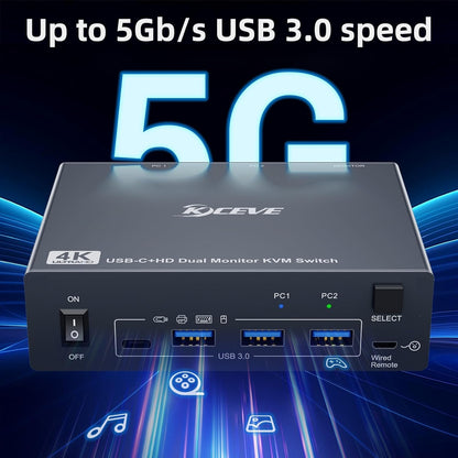 MLEEDA HDMI+USB C KVM Switch Dual Monitor 1 Laptop en 1 Desktop 4K@60Hz, USB C HDMI KVM Switch 2 PC 2 Monitor met 4 USB 3.0 Poort, 80W PD Opladen, Met Bedrade Afstandsbediening, USBC Kabel