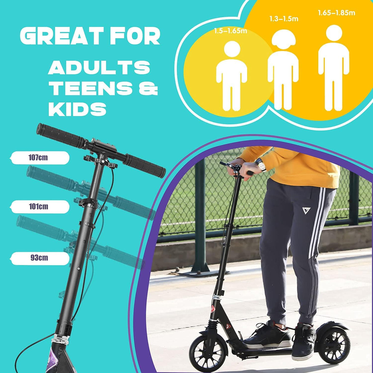 ISE Scooter van aluminium, opvouwbaar, 2 wielen, verstelbare stuurhoogte, dubbel schokabsorberend en remsysteem, groot wiel met antislipband, voor volwassenen en jongeren vanaf 12 jaar