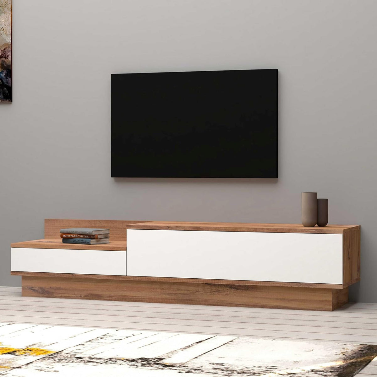 Hanah Home Scandinavian TV standaard, Atlantic Pine & White, 160 x 35 x 35 cm | 100% Melamine Coated Particle Board, 18 mm dik | Stijlvol Design met extra opslag
