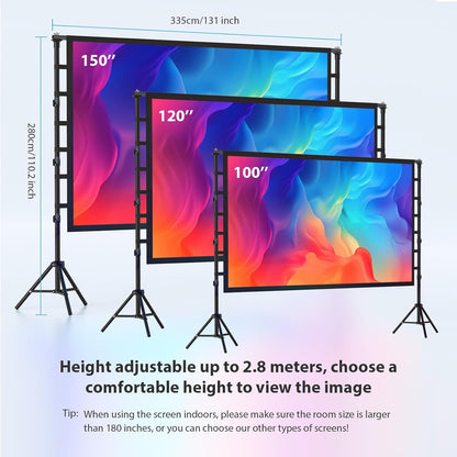beamerscherm met statief, 150 inch, draagbaar, indoor HD-scherm voor achterzijde, projectiescherm met draagtas, in hoogte verstelbaar, voor camping en thuisbioscoop