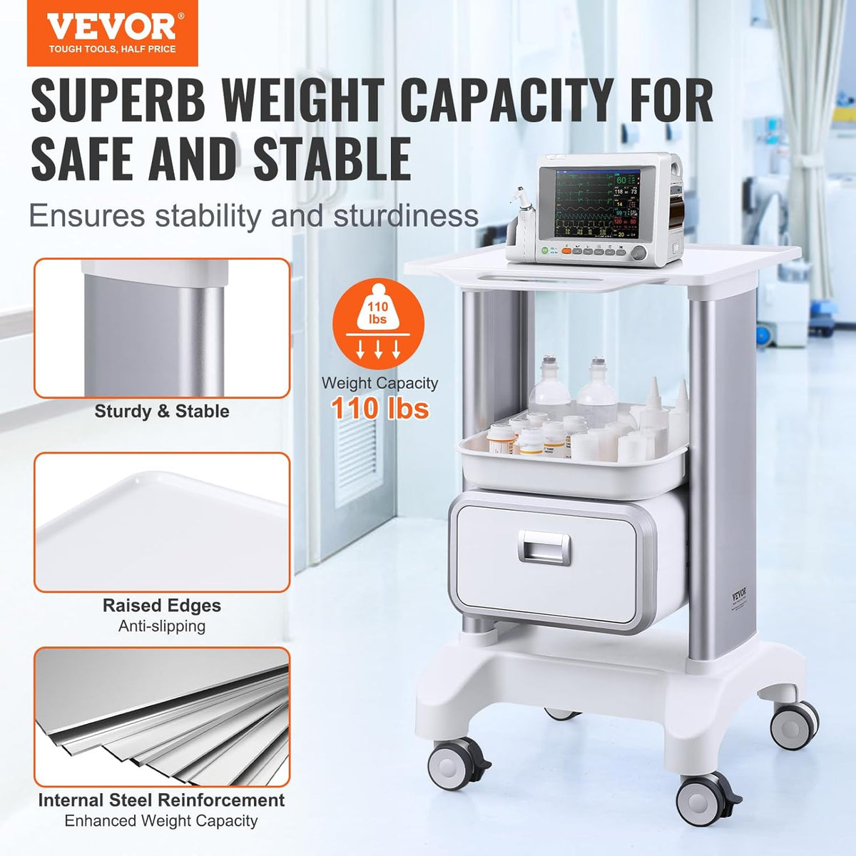 VEVOR Laboratoriumwagen met 2 niveaus, mobiele medische trolley met 1 lade en 1 bovenste plank, verzorgingswagen met ABS-materiaal, 4 stille wielen, voor laboratorium, kliniek, ziekenhuis, woonkamer,