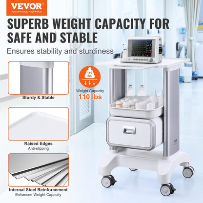 VEVOR Laboratoriumwagen met 2 niveaus, mobiele medische trolley met 1 lade en 1 bovenste plank, verzorgingswagen met ABS-materiaal, 4 stille wielen, voor laboratorium, kliniek, ziekenhuis, woonkamer,