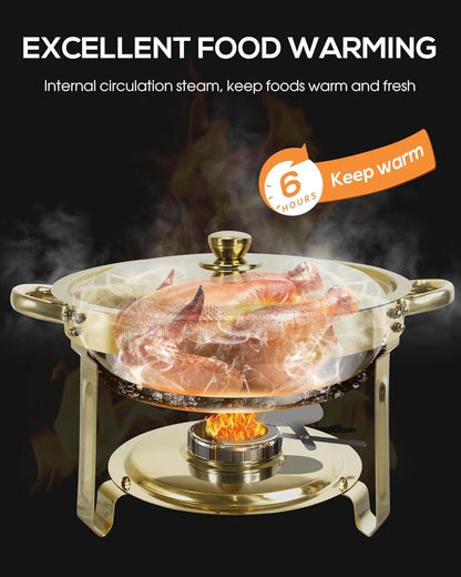 Gouden Chafing Dish Buffet Set 5L [Robuust en Eenvoudig te Monteren], 4-Pack Ronde Chafing Dishes, RVS Warmhoudbakken [Elegant Goud en Zilver], Voedselwarmer voor Catering Buffet en Elk Feest