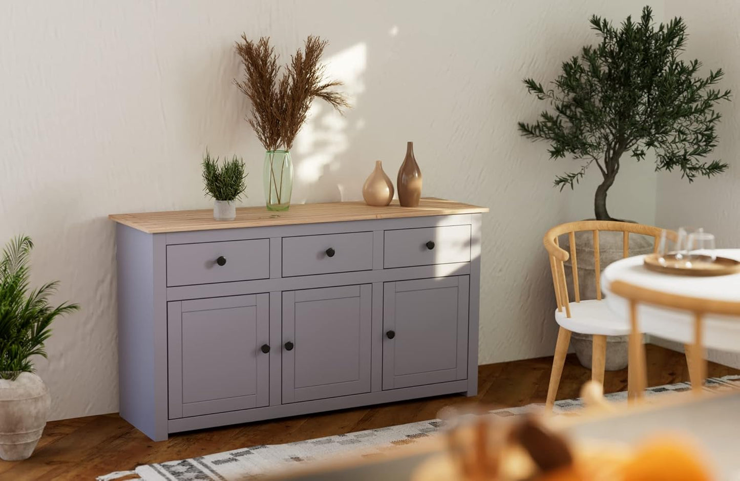 Festnight Dresser Chest of drawers Side cabinet Multifunctional cabinet Dresser Cabinet 135 x 40 x 80 cm Solid Wood Panama-Pine Gray - QUORE