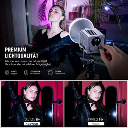 NEEWER HS60B videolamp mini studiolamp met app-bediening, 60 W continu licht draagbare tweekleurige COB LED studiolamp, 35000Lux/1m, 2700K - 6500K 0-100% PWM dimming, CRI/TLCI 97+, 12 scènes, USB type