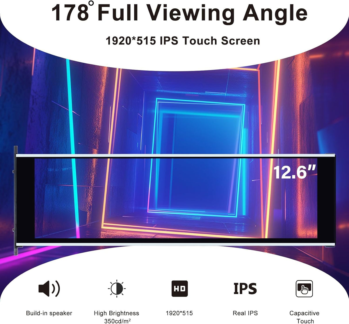 GeeekPi 12,6 inch IPS LCD-touchscreenmonitor FHD 1920x515-scherm, geschikt voor doe-het-zelf Y60 pc-behuizing CPU GPU secundair monitorpaneel, dubbele luidsprekers, met maximaal 10 multi-touch-punten