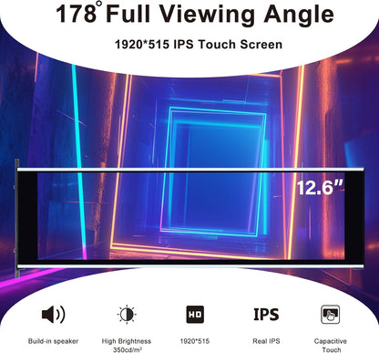 GeeekPi 12,6 inch IPS LCD-touchscreenmonitor FHD 1920x515-scherm, geschikt voor doe-het-zelf Y60 pc-behuizing CPU GPU secundair monitorpaneel, dubbele luidsprekers, met maximaal 10 multi-touch-punten