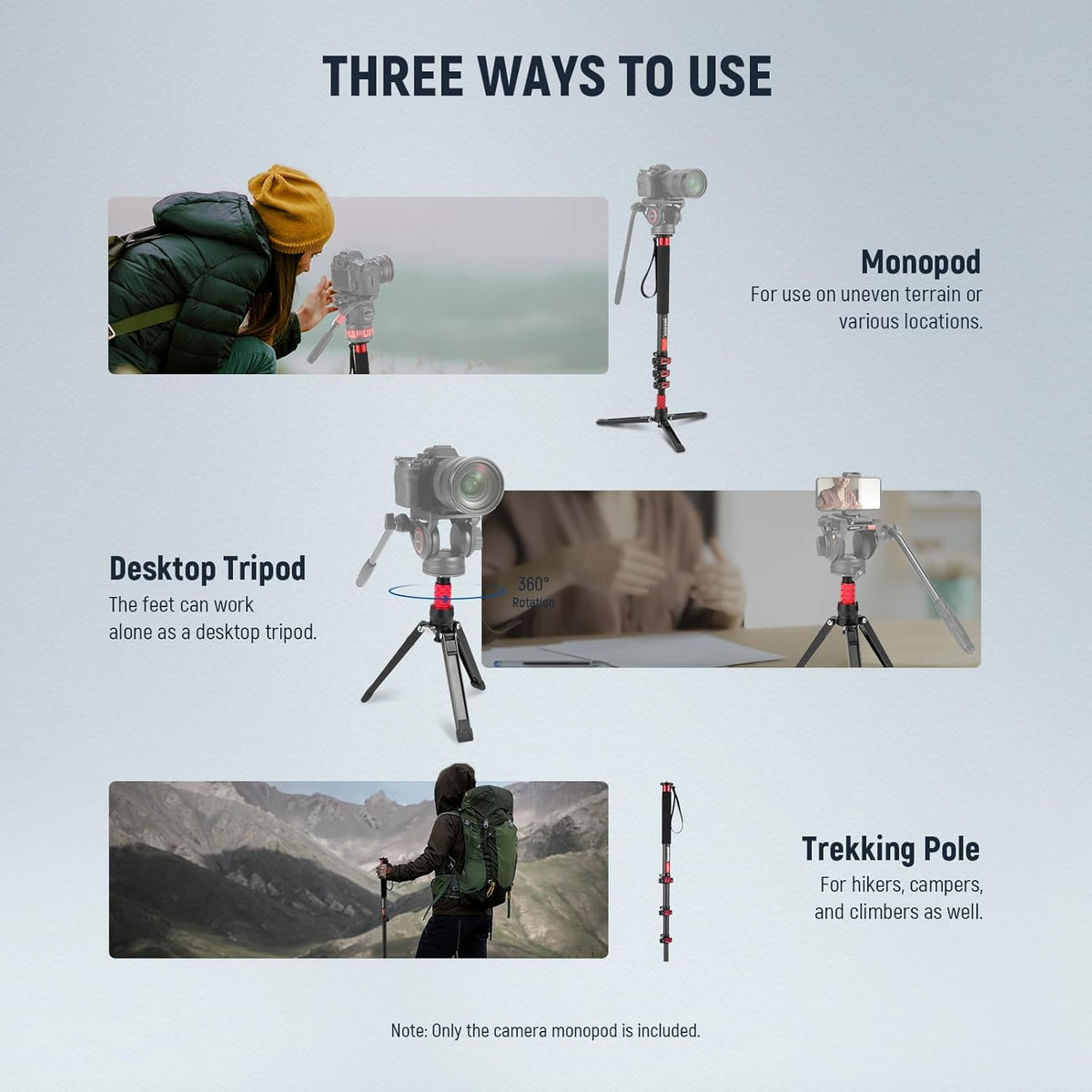 Camera Monopod – Eenpootstatief – Monopod Statief – Camerastandaard – Reisstatief – Uitschuifbaar 72-182 Cm – Afneembare Basis Met 90° Kanteling – Koolstofvezel, Tot 6 Kg Draagvermogen