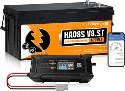 ECO-WORTHY LiFePO4 Bluetooth 12V 280Ah with 12/24V 20A Charger, Lithium Battery 12V 280Ah with 200A BMS Low-Temp Protection and Max 15000 Cycles for Motorhome, Caravan, Boat - QUORE