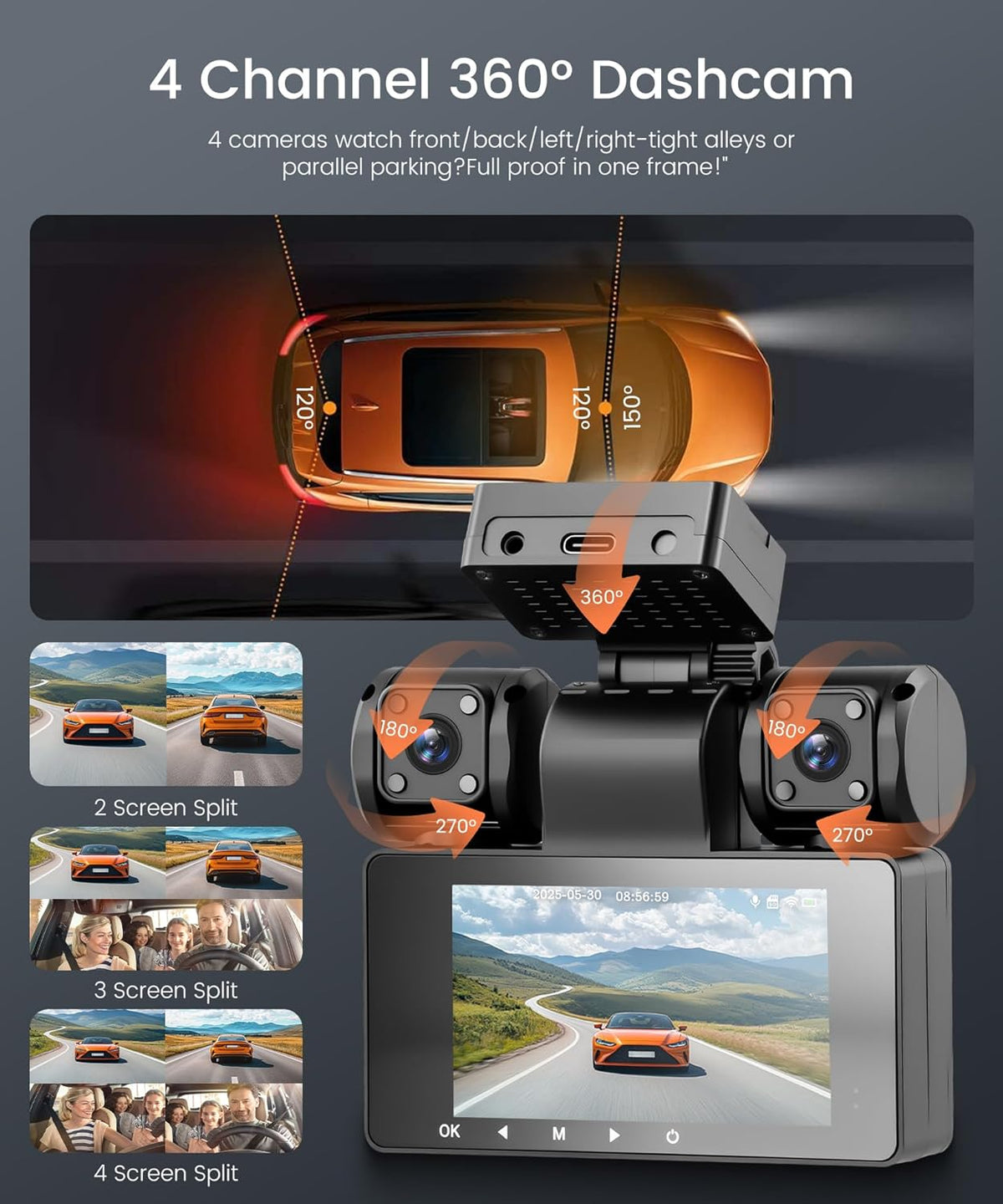 Rimoody WiFi 4-kanaals 360° dashcam auto 2K 1080P - QUORE