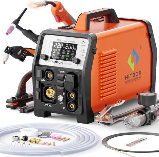 HITBOX Multifunctioneel Lasapparaat en Plasmasnijder Combo 200A 230V - MIG Puls Aluminium, MIG Gas, TIG HF, Plasma 40A, Beklede Elektrode, Punts lassen, Synergie, Groot Digitaal Display (HBMC270)
