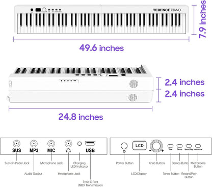 Opvouwbare digitale piano 88 toetsen – Keyboard – E-piano – Digitaal pianotoetsenbord – Elektrische piano – Semi-gewogen aanslaggevoelige toetsen – 1800 mAh accu tot 8 uur speeltijd