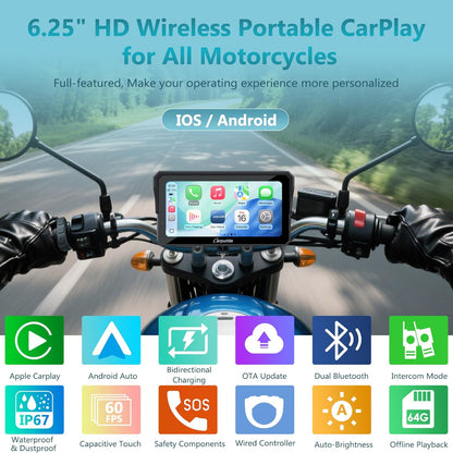 Carpuride W602S Pro Moto Carplay scherm, met BM05 voor Plug-and-Play, Wireless CarPlay & Android Auto, 6 inch waterdicht touchscreen, Dual Bluetooth, Intercom Functie, Wired Controller, OTA, Navigatie