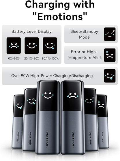 VENTION Powerbank 27000mAh 200W - Snelladen 3-Poorts Powerbank met Emoji-animaties - Draagbare Accu voor Laptops, MacBook Pro, iPhone 17/16/15, iPad, Galaxy S25