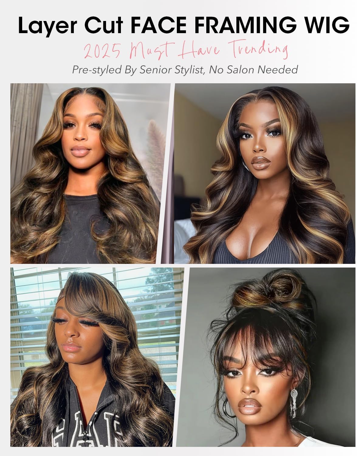Gelaagde Curtain Bangs Pruik van Echt Haar 1B/30 Zwart-Bruin – Lijmloze Pruik – Lace Front Pruik – Menselijk Haar Pruik – Body Wave Pruik – 6x6 HD Lace – 200% Dichtheid