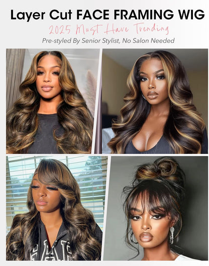 Gelaagde Curtain Bangs Pruik van Echt Haar 1B/30 Zwart-Bruin – Lijmloze Pruik – Lace Front Pruik – Menselijk Haar Pruik – Body Wave Pruik – 6x6 HD Lace – 200% Dichtheid