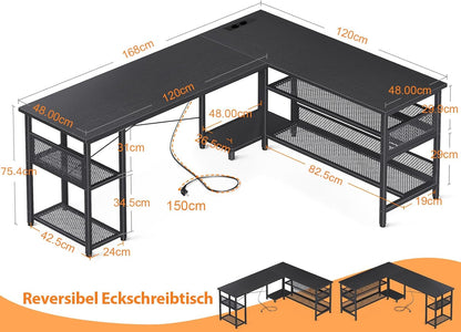 ODK Gaming tafel, L-vorm, omkeerbaar gaming bureau met 2 stopcontacten en 2 USB-laadpoorten, maximale organisatie en opbergruimte, zwart, 168 x 120 cm