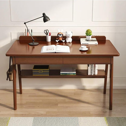 Bureau met 2 Laden, Computer Bureau, Walnoot Massief Houten Bureau, Werktafel om Studeren en Schrijven, PC-Tafel voor Thuis en Kantoor, 120 x 60 x 75 cm, Walnoot