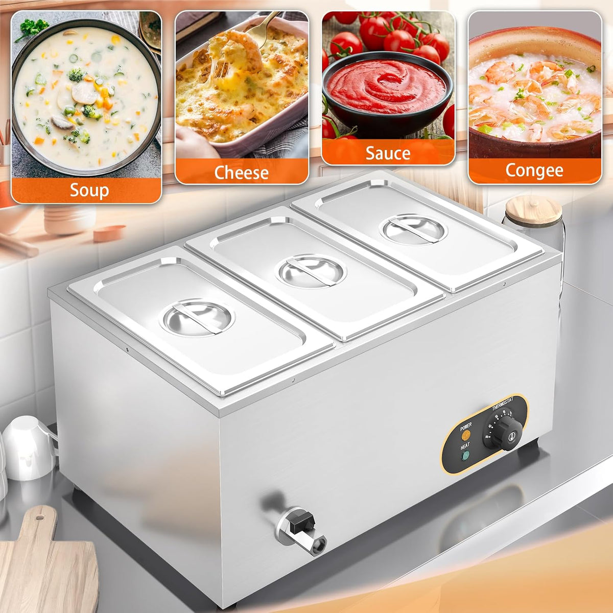 Bain Marie Voedselverwarmer, waterbad, Gastro GN-containers, 1/3 x 3 warmhouders, roestvrij staal, met afvoerkraan, 1500 W, elektrische buffetwarmer