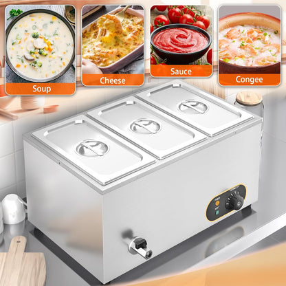 Bain Marie Voedselverwarmer, waterbad, Gastro GN-containers, 1/3 x 3 warmhouders, roestvrij staal, met afvoerkraan, 1500 W, elektrische buffetwarmer