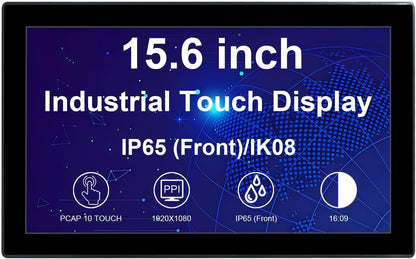VSDISPLAY Industriële touchscreen-monitor, Full HD, 15,6 inch, 1920 x 1080, 250 nits, contrast 3000:1, IP65-front, 10-punts touchscreen, geavanceerde temperatuur